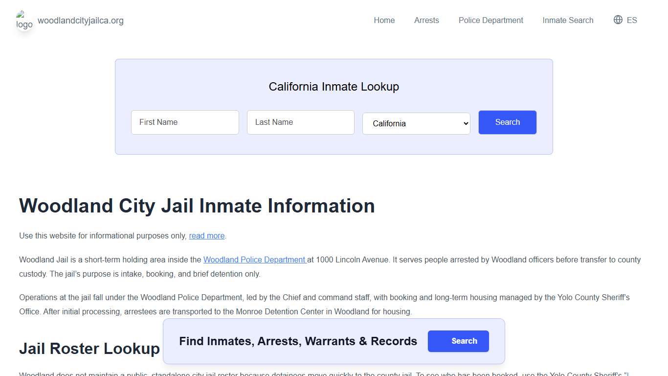 Woodland Jail, CA Inmate Roster, Municipal Jail Info